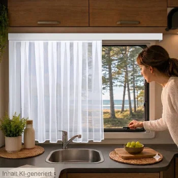Blick aus der Küche des Wohnmobils auf den SeGaTeX Caravanstore „Lykke Sablé“-Sichtschutz mit glänzenden Streifen, während eine Frau auf den Kiefernwald und den Strand blickt.