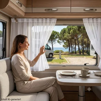 Aus dem Inneren des Wohnmobils genießt eine Frau durch einen eingebauten Caravanstore Lykke Sablé-Sichtschutz einen sonnigen Blick auf Kiefern und das Meer.