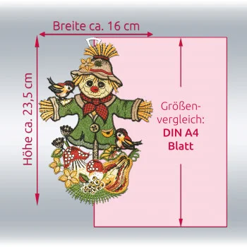 Fensterbilder „Vogelscheuche – Gartenwächter“ in Grün, ca. 23,5 × 16 cm, daneben ein DIN-A4-Blatt zur Veranschaulichung der Größe für die Herbst-Fensterdekoration.