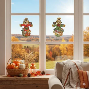 Die grünen Fensterbehänge „Fensterbilder Vogelscheuche Gartenwächter“ sind an einem Fenster zu sehen, durch dessen Scheibe eine Herbstlandschaft und ein Herbstkorb zu erkennen sind.
