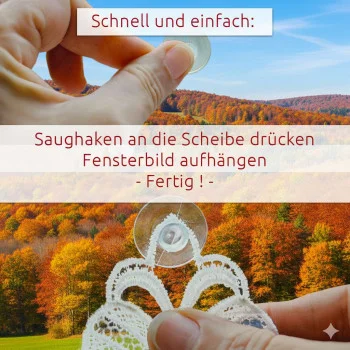 Hände befestigen einen Saughaken an einer Glasscheibe, auf der die grüne „Vogelscheuche“-Spitze von ANDEA Design zu sehen ist. Draußen ist eine Herbstlandschaft zu sehen; eine deutsche Anleitung zum Aufhängen wird gezeigt.
