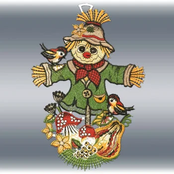 Detailansicht der grünen Vogelscheuchen-Fensterdekoration von ANDEA, die Vögel, Pilze, Blumen und Kürbisse auf grauem Hintergrund zeigt.
