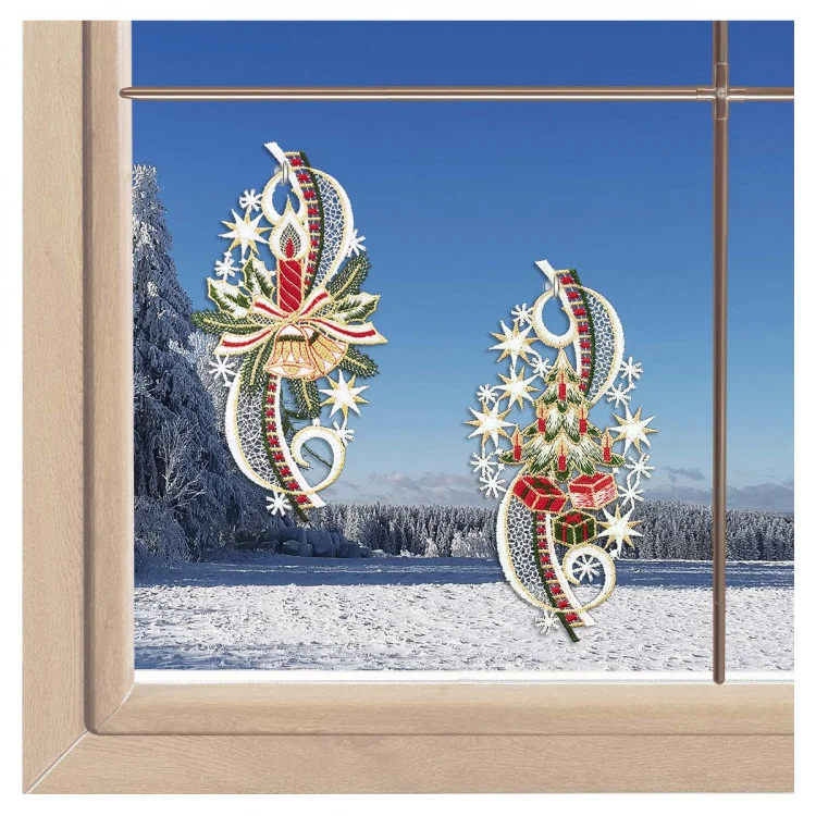 Fensterbilder Festtage am Fenster – Tannenbaum & Kerze aus Vogtländischer Spitze
