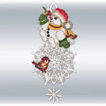 Fensterbilder Flockenwirbel mit Schneemann – Winterliche Fensterdeko aus Vogtländischer Spitze