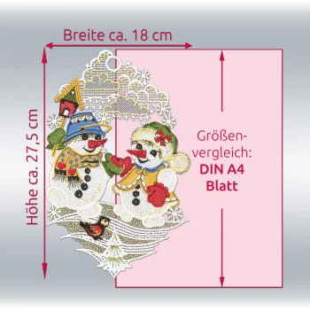 Fensterbild Schneemann-Freunde – Winterliche Fensterdeko aus Vogtländischer Spitze