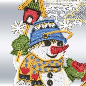 Fensterbild Schneemann-Freunde – Winterliche Fensterdeko aus Vogtländischer Spitze