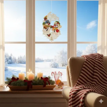 Fensterbild Schneemann-Freunde – Winterliche Fensterdeko aus Vogtländischer Spitze