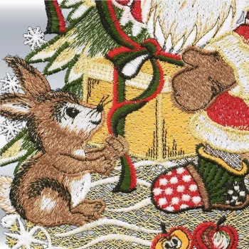 Fensterbild Weihnachtsmann mit Hasenhelfer – Winterliche Fensterdeko aus Vogtländischer Spitze