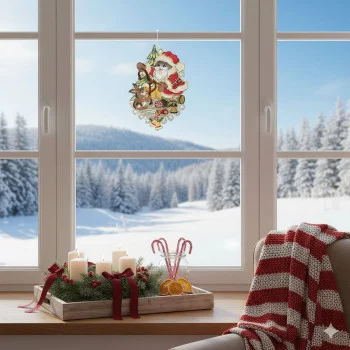 Fensterbild Weihnachtsmann mit Hasenhelfer – Winterliche Fensterdeko aus Vogtländischer Spitze