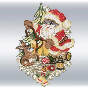 Fensterbild Weihnachtsmann mit Hasenhelfer – Winterliche Fensterdeko aus Vogtländischer Spitze