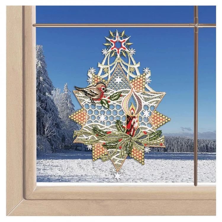 Fensterbild Sternenzauber – Weihnachtsstern mit Kerze aus Vogtländischer Spitze