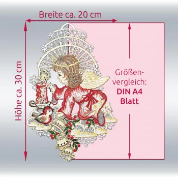 Adventsengel-Fensterbild von ANDEA design aus Vogtländischer Spitze, ca. 30 x 20 cm, im direkten Größenvergleich mit A4-Papier, hervorgehoben durch Pfeile und Text.