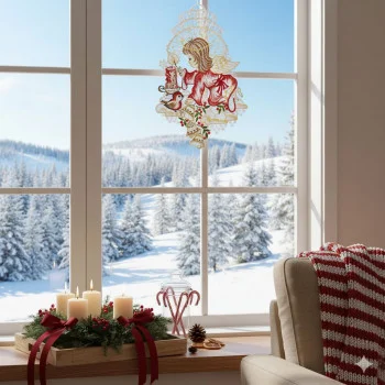 Ein Blick durch ein Fenster, das mit ANDEAs „Adventsengel mit Kerzenschein“ geschmückt ist: Draußen ist eine verschneite Landschaft zu sehen, drinnen festliche Kerzen, Grünzeug und eine rote Decke.