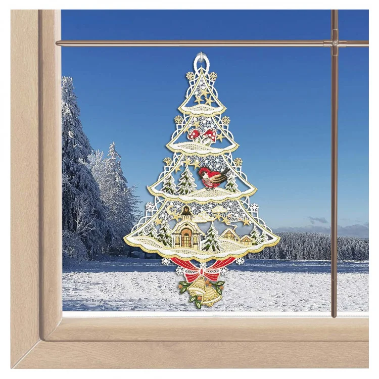 Das Fensterbild „Festlicher Weihnachtszauber“ von ANDEA design ist vor einer verschneiten Landschaft mit Vögeln und Häusern unter klarem, blauem Himmel zu sehen.