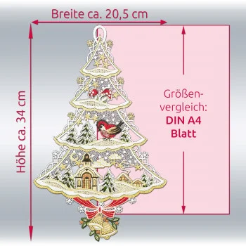 Die Fensterdekoration „Festlicher Weihnachtszauber“ aus Spitze wird neben einem A4-Blatt präsentiert, um ihre tatsächliche Größe im Vergleich zu Standardpapier zu verdeutlichen.