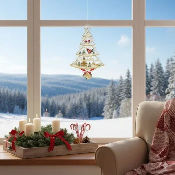 Das Ornament „Festlicher Weihnachtszauber“ hängt im Fenster; auf dem Foto ist es zusammen mit einem festlich gedeckten Tablett mit Kerzen und Weihnachtsschmuck zu sehen, das auf dem Tisch darunter steht.