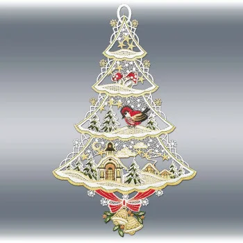 Nahaufnahme des Weihnachtsbaumschmucks aus Spitze, bei der die goldenen Verzierungen, Schleifen und festlichen Dorfdetails vor einem grau verlaufenden Hintergrund besonders zur Geltung kommen.