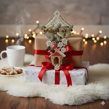 Eine zarte Fensterdekoration aus Plauener Spitze mit Rotkehlchen-Motiv verleiht Geschenken, Plätzchen und einem heißen Getränk, die auf einem weißen Teppich vor dem Hintergrund sanft leuchtender Lichterketten arrangiert sind, einen gemütlichen Charme.