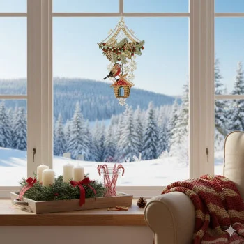 Nahaufnahme, die die filigranen Spitzendetails des festlichen Rotkehlchens und der verschneiten Bäume im Design „Fensterbild Wintergruß von ANDEA“ hervorhebt.