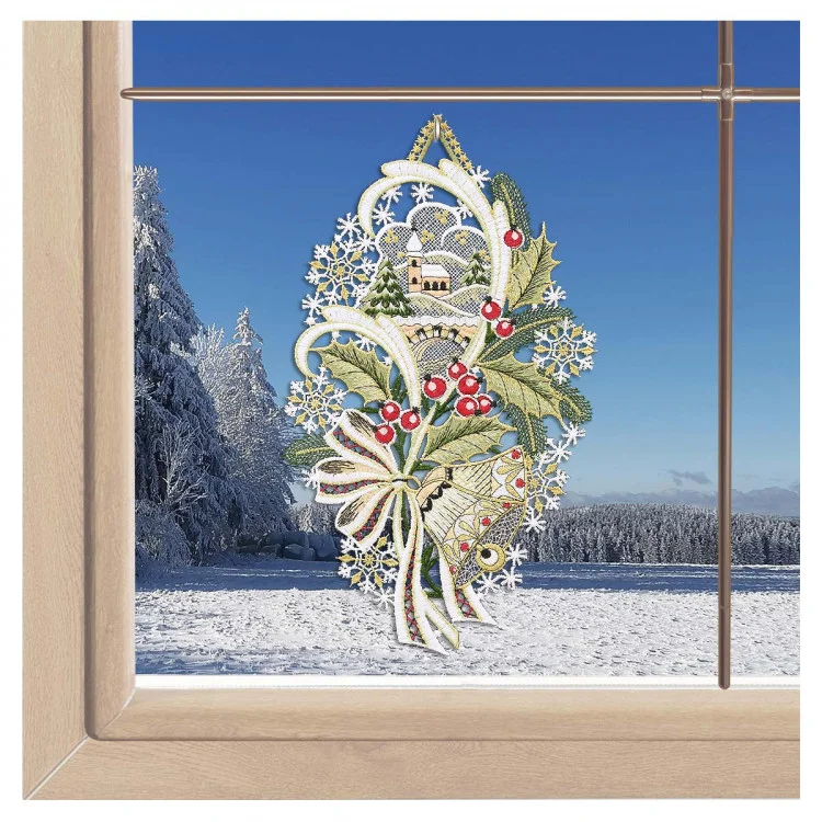 Fensterbild Winteridylle mit Glockenklang aus Vogtländischer Spitze