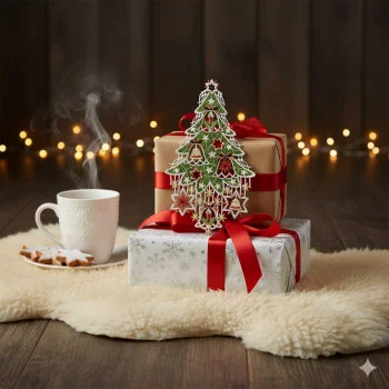 Das ANDEA-Weihnachtsbaum-Fensterbild ist auf einem gemütlichen, mit Lichtern übersäten Teppich mit Sternplätzchen, Geschenken und einer dampfenden Tasse zu sehen und vermittelt so eine festliche Weihnachtsstimmung.