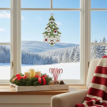 Eine gemütliche Szene mit einem Tablett voller Kerzen, Grünpflanzen und Zuckerstangen auf einer Fensterbank mit einer roten Decke, vor der das „Weihnachtsbaum-Fensterbild“ vor dem Hintergrund der verschneiten Hügel draußen zur Geltung kommt.