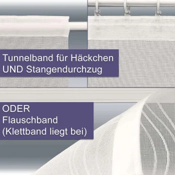 Nahaufnahme eines durchsichtigen naturfarbenen Vorhangs mit zwei Aufhängemöglichkeiten: oben links ist ein Tunnelband für Haken und Stange zu sehen, unten rechts ein Klettband mit deutschem Text auf grauem Hintergrund, der diese Funktionen beschreibt.