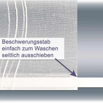 Eine Nahaufnahme eines Vorhangs mit einer Beschwerungsstange am unteren Ende. In einem deutschen Textfeld steht: "Beschwerungsstab einfach zum Waschen seitlich ausschieben", und ein Pfeil zeigt auf den herausziehbaren Stab.