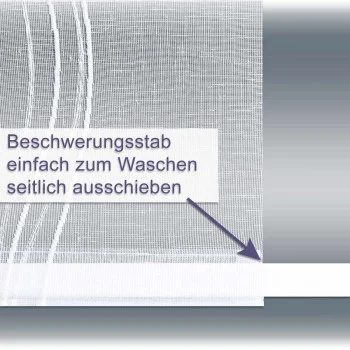 Eine Nahaufnahme eines Vorhangs mit einer Beschwerungsstange am unteren Ende. In einem deutschen Textfeld steht: "Beschwerungsstab einfach zum Waschen seitlich ausschieben", und ein Pfeil zeigt auf den herausziehbaren Stab.