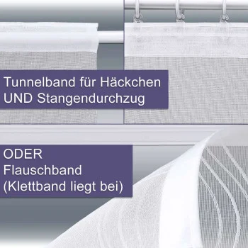 Nahaufnahme eines durchsichtigen weißen Vorhangs mit zwei Aufhängemöglichkeiten: oben links ist ein Tunnelband für Haken und Stange zu sehen, unten rechts ein Klettband mit deutschem Text auf grauem Hintergrund, der diese Funktionen beschreibt.