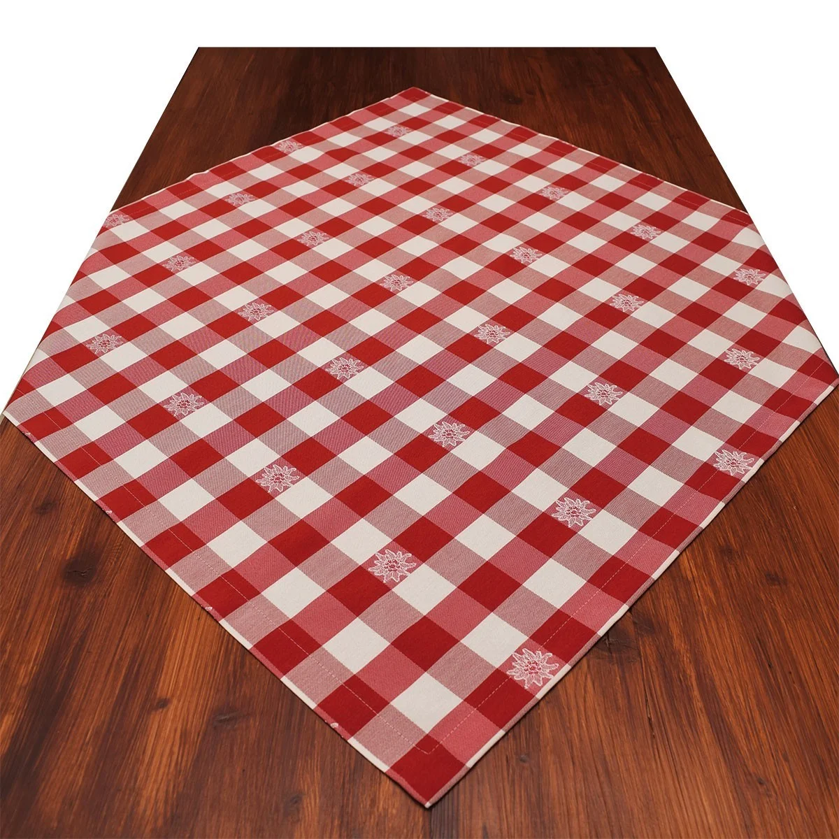 Mitteldecke Landhaus-Tischdecke Karo mit Edelweiß in Rot 82 x 82 cm rot-weiß kariert