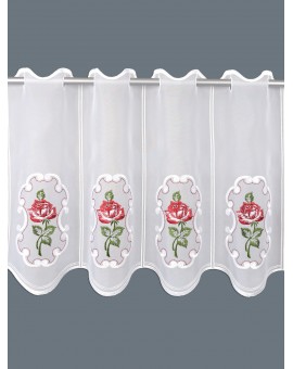 Stickerei-Scheibengardine Rose in Rot Kurzstore Echte Plauener Spitze Panneaux