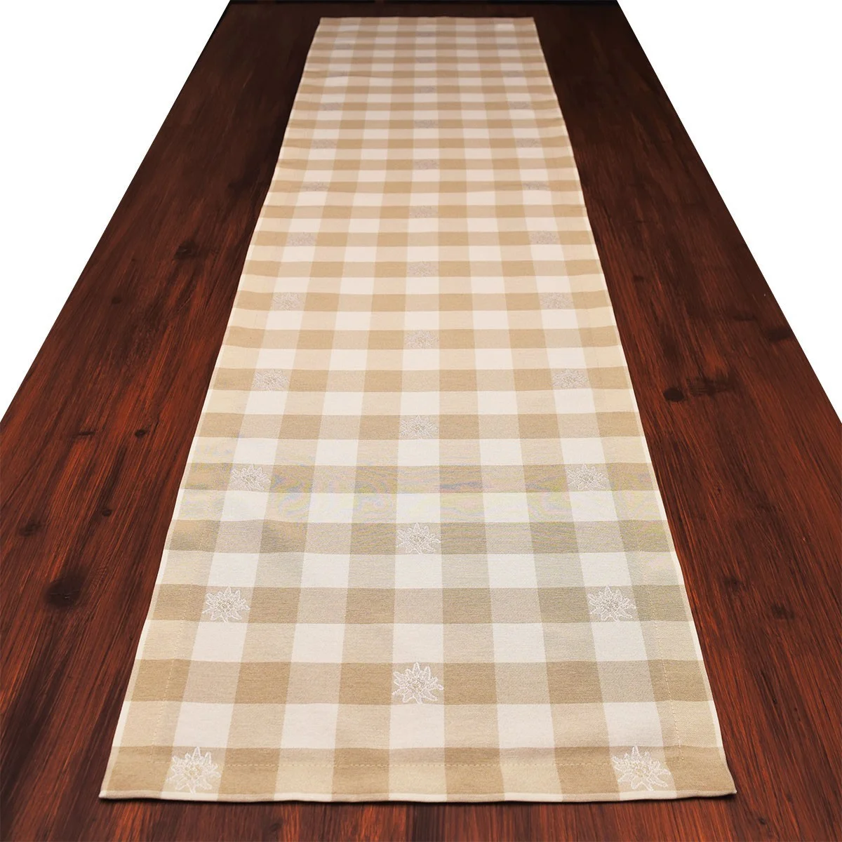 Tischläufer Landhaus-Tischdecke Karo mit Edelweiß in Beige 40 x 160 cm beige-weiß kariert