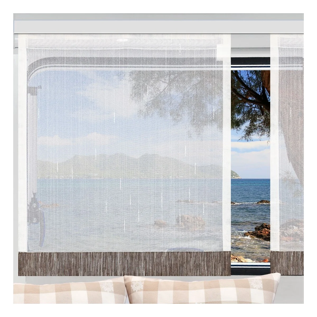 Flächengardine Wohnwagenstore Annik weiß-braun Caravan-Gardine mit Profilen Tunnelband