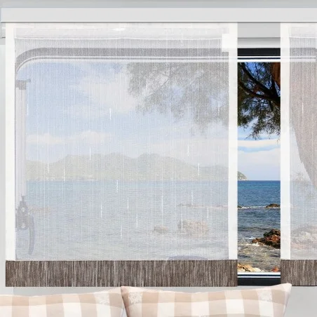 Flächengardine Wohnwagenstore Annik weiß-braun Caravan-Gardine mit Profilen Tunnelband