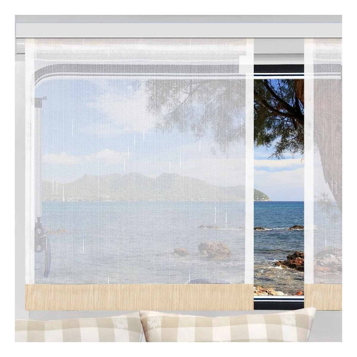 Flächengardine Wohnwagenstore Annik weiß-beige Caravan-Gardine mit Profilen Tunnelband