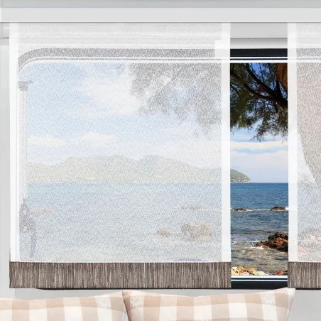 Flächengardine Wohnwagenstore Smilla weiß-braun Caravan-Gardine mit Profilen Tunnelband
