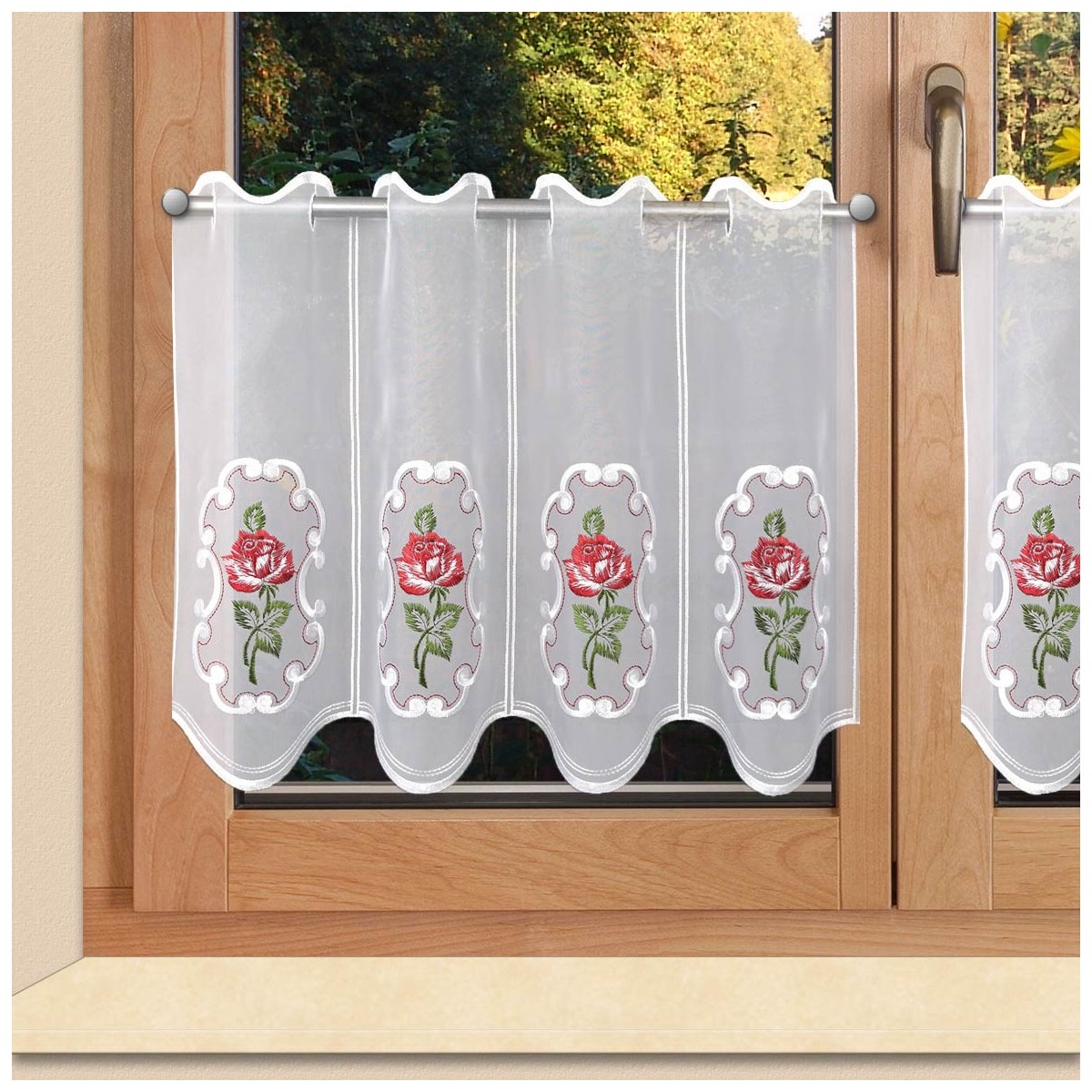 Stickerei-Scheibengardine Rose in Rot Kurzstore Echte Plauener Spitze Panneaux