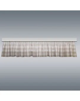 Querbehang Karo mit Edelweiß kariert Beige mit Reihband vor grauem Hintergrund