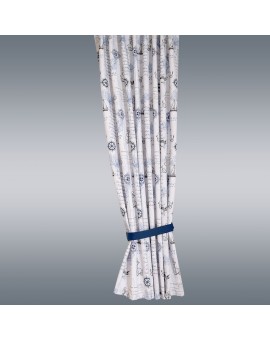 Hochwertiger Dekoschal Atlantik blau-weiß-grau Reihband Beispiel mit blauem Raffhalter
