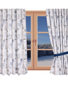 Hochwertiger Dekoschal Atlantik blau-weiß-grau Reihband gerafft am Fenster Winter