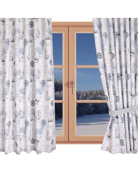Hochwertiger Dekoschal Atlantik blau-grau-weiß mit grauen Schlaufen am Fenster Winter
