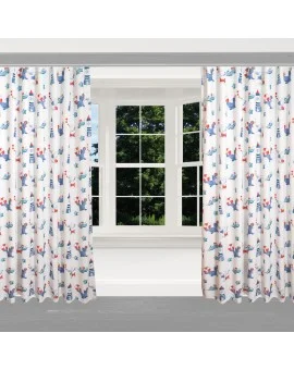 Dekoschal Blubb-Kids in Blau-Rot mit Reihband am Fenster
