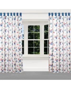 Dekoschal Blubb-Kids in Blau-Rot mit hellblauen Schlaufen am Fenster