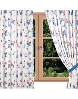 Dekoschal Blubb-Kids in Blau-Rot mit hellblauen Schlaufen am Fenster Sommer