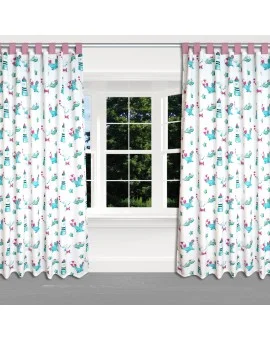 Dekoschal Blubb-Kids in Grün-Pink mit rosanen Schlaufen am Fenster
