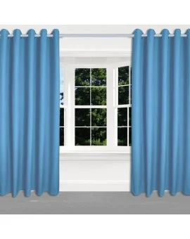 Kinder-Dekoschal Blubb-Kids Hellblau mit Chrom-Ösen 2 Stück an einem Fenster