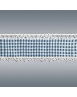 Scheibengardine Leni blau kariert mit Plauener Spitze Musterbild