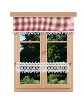 Querbehang Leni rot kariert mit Plauener Spitze am Fenster kombiniert mit Feenhausgardine Leni