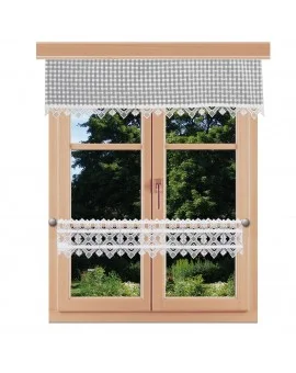 Querbehang Leni grau kariert mit Plauener Spitze am Fenster kombiniert mit Feenhausgardine Leni